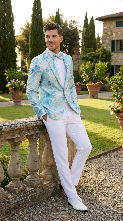 Men’s Light Blue Floral Jacquard Tuxedo Jacket with Matching Bow Tie | Formal Prom Wedding Blazer + Bowtie Turqoise Aqua Color