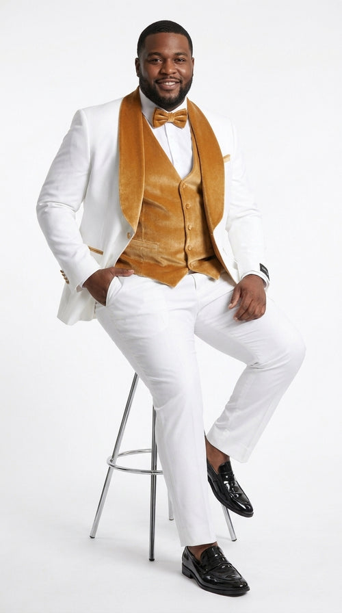 Men's White & Gold Tuxedo β Velvet Shawl Lapel 3 Piece Wedding & Prom Suit