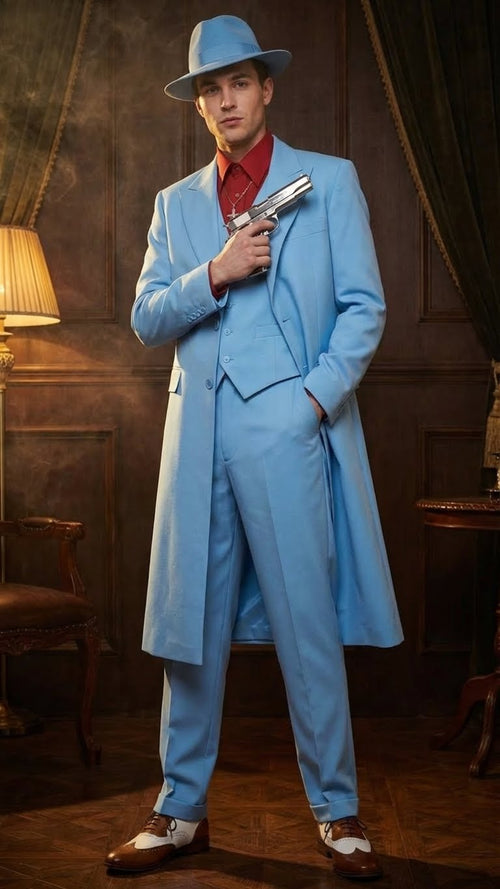Men’s Light Blue 1920s Zoot Suit - Long Mafia Gangster Three-Piece Vintage Costume Set in Baby Powder Blue Color - Prom Wedding Suit by USA Men's Outlet
