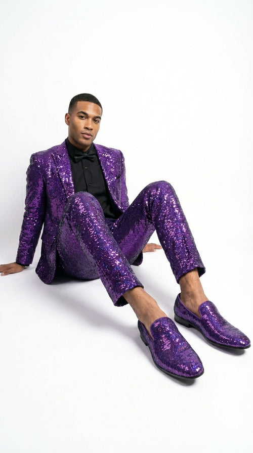 Mens Purple Sequin Dress Shoes Slip on – Luxury Slip On Formal Loafers Wedding Prom Party Designer Footwear