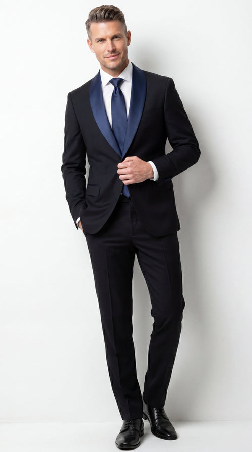 Men’s Black Suit with Navy Blue Lapel – Elegant Formal Tuxedo Style Suit for Wedding, Prom, Party and Evening Wear