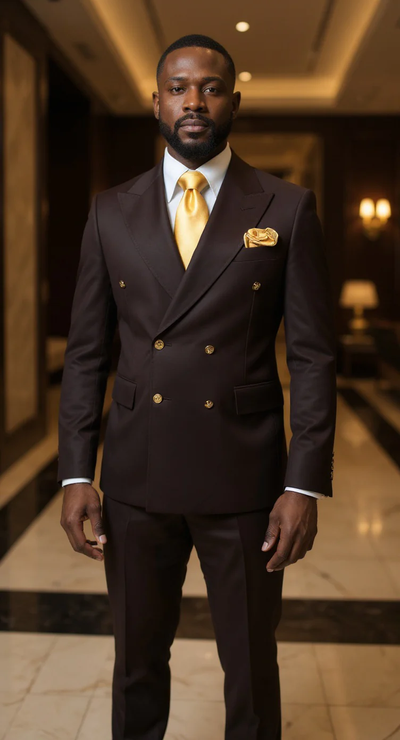 Rossi Brown Slim Fit Double Breasted Suit with Gold Buttons