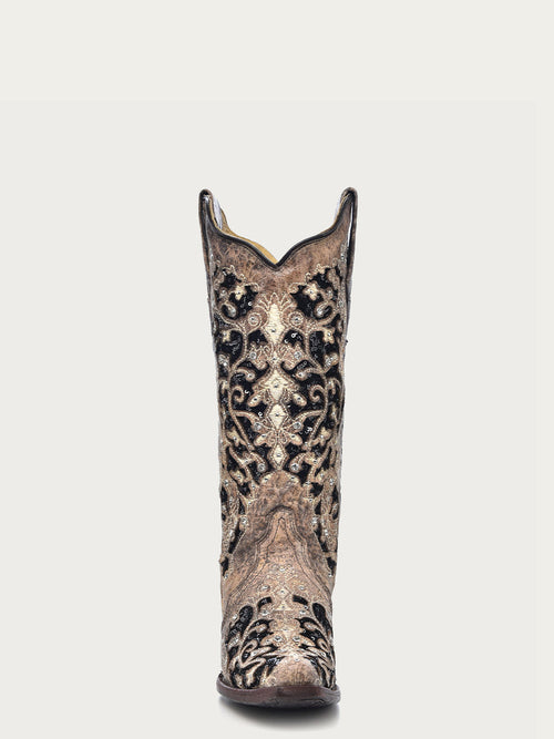 Corral Women's Black Glitter Inlay Crystal Snip Toe Cowboy Boots