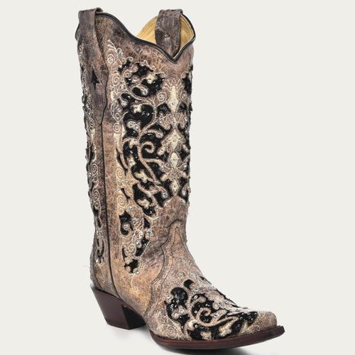 Corral Women's Black Glitter Inlay Crystal Snip Toe Cowboy Boots by SuitUSA