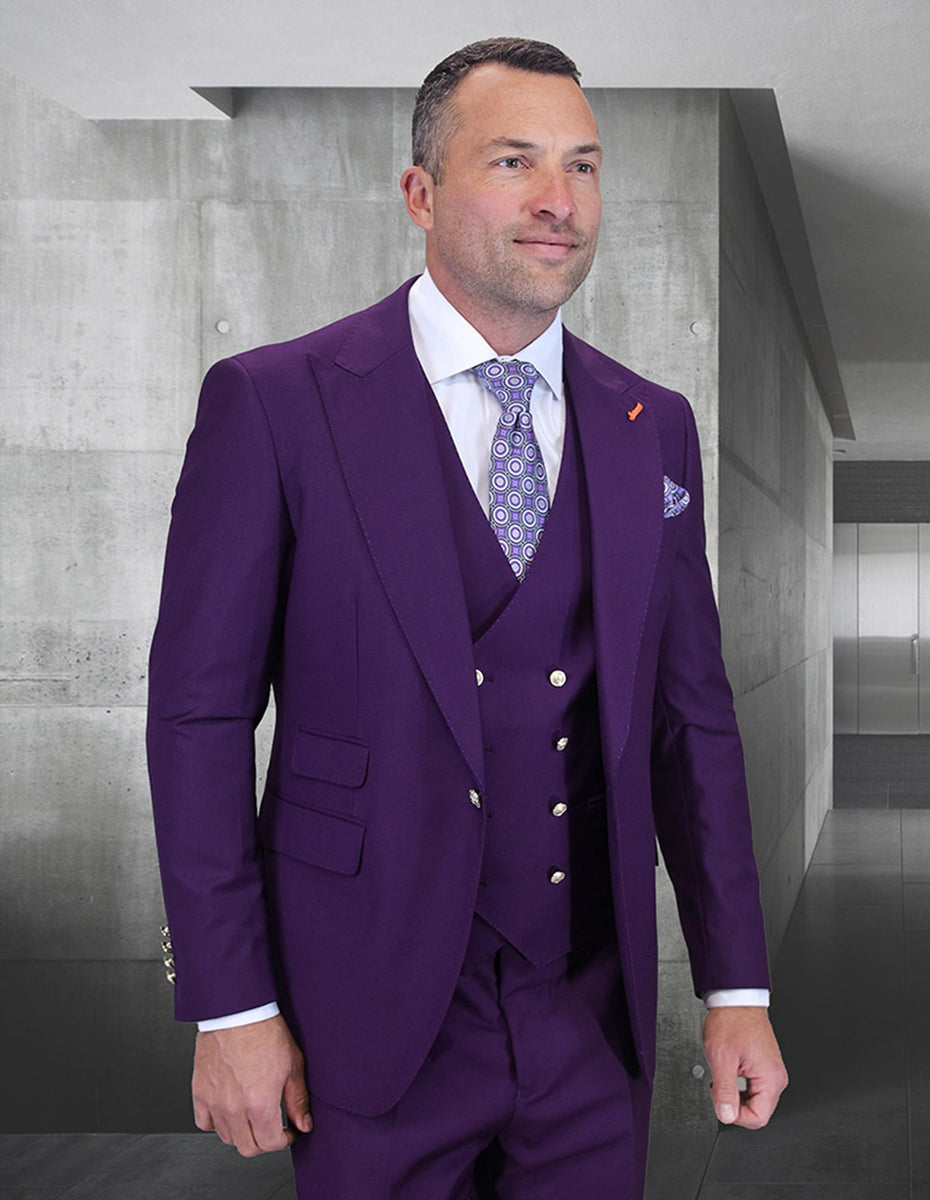 Statement Men's 3 Piece Modern Fit Wool Plum DB Vest Suit Amiri
