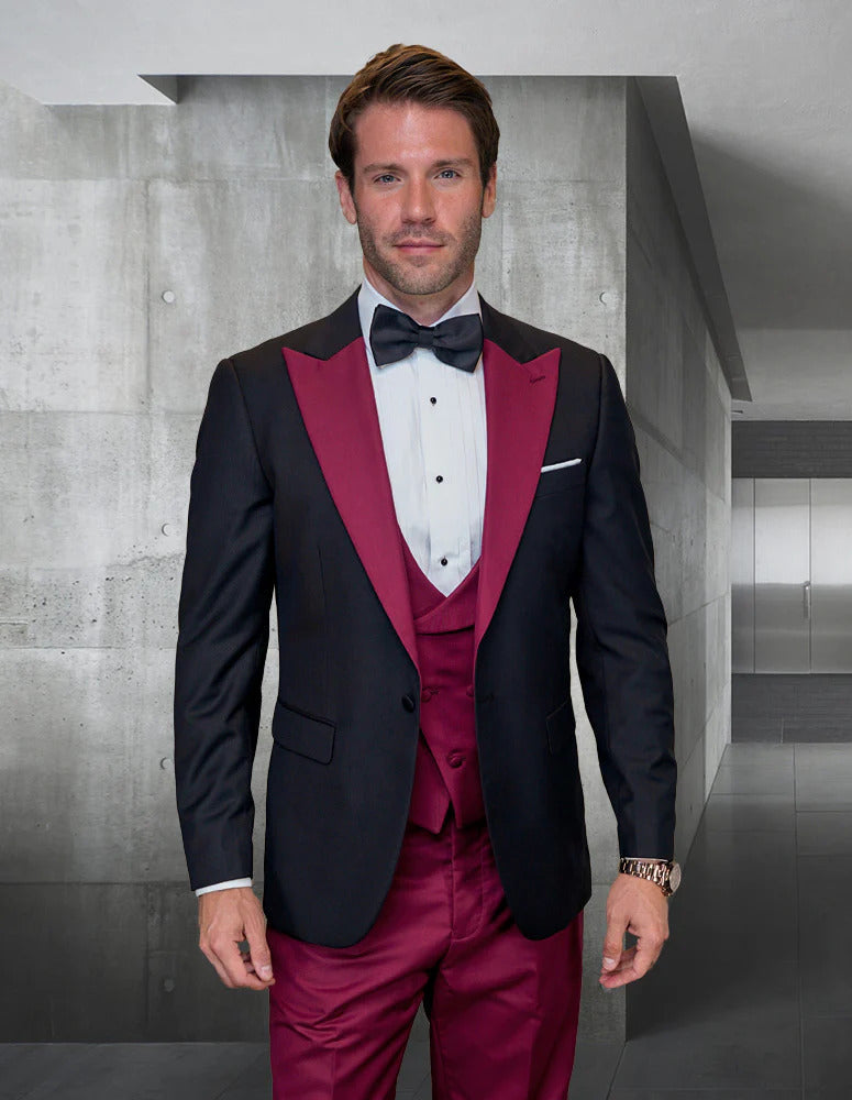 Statement Men's Black Vested With Burgundy Peak Lapel 100% Wool Tuxedo - Men's Tuxedo USA – SuitUSA