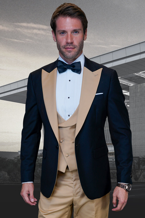 Black & Champagne Tan Vested Suit for Men