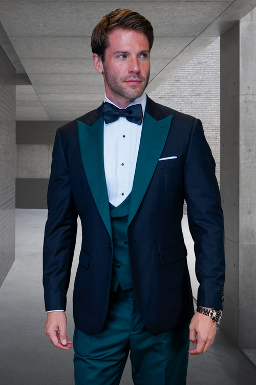 Men's Contrast Peak Lapel Wool Tuxedo in Black & Hunter Green