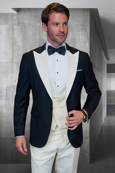 Men's Contrast Peak Lapel Wool Tuxedo in Ivory & Black