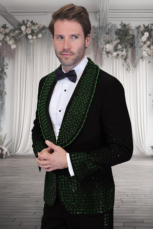 Men's Designer Hunter Green Flower Rhinestone Studded Prom & Wedding Tuxedo in Black