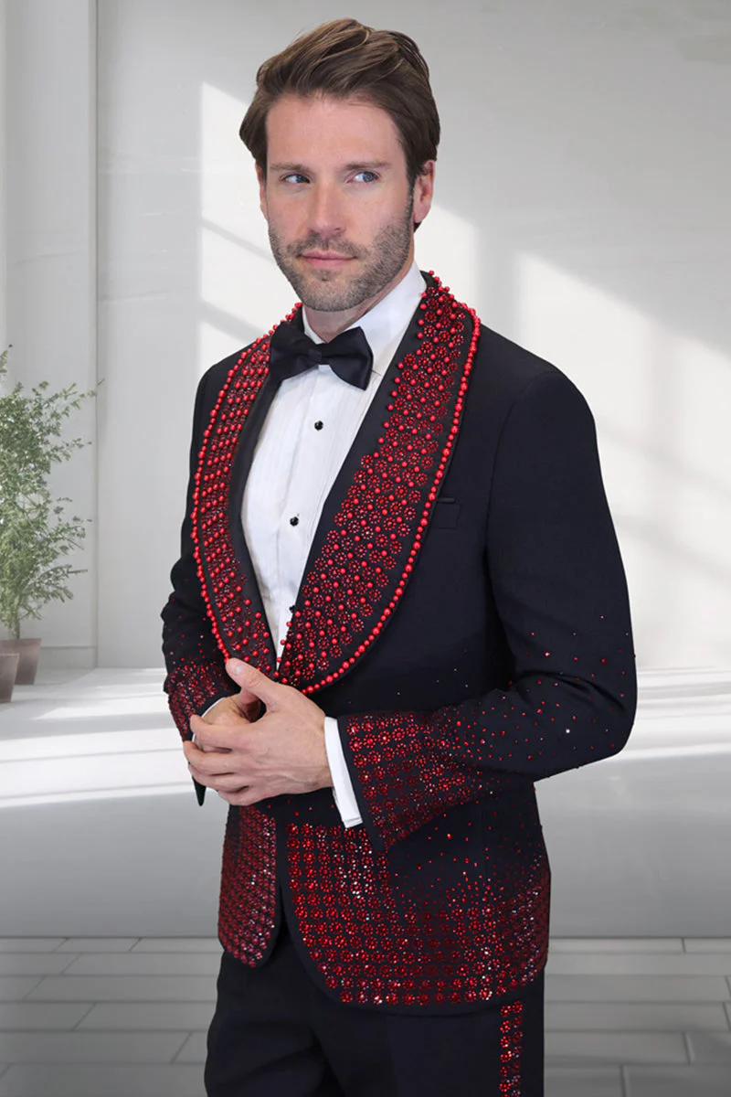 Mens Designer Red Flower Rhinestone Studded Prom and Wedding Tuxedo in Black – SuitUSA