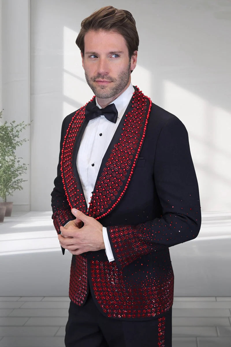 Men's Designer Red Flower Rhinestone Studded Prom & Wedding Tuxedo in Black