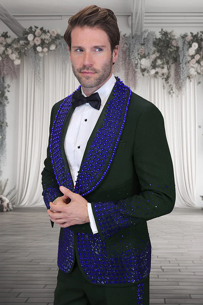Men's Designer Royal Blue Flower Rhinestone Studded Prom & Wedding Tuxedo in Black – SuitUSA