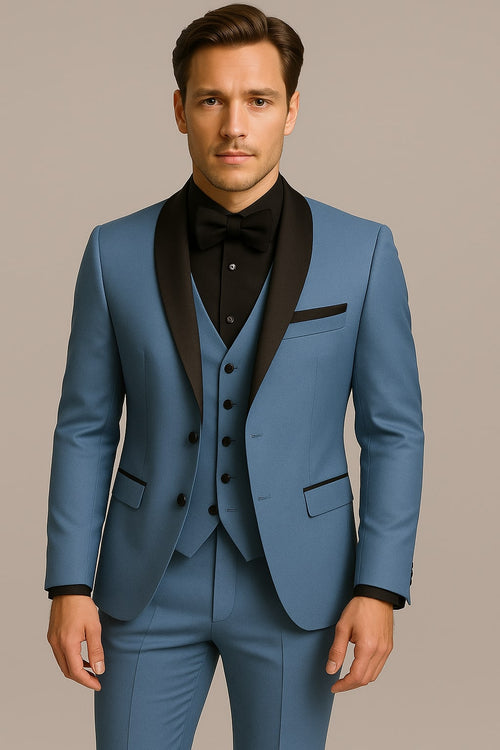 Steel Blue Tuxedo Suit with Black Shawl Lapel – 3 Piece Slim Fit Wedding & Formal Attire in Light Blue Color