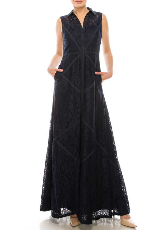 Aidan Mattox 054473060 Sleeveless Piping Detail A-Line Dress with Lace Detail
