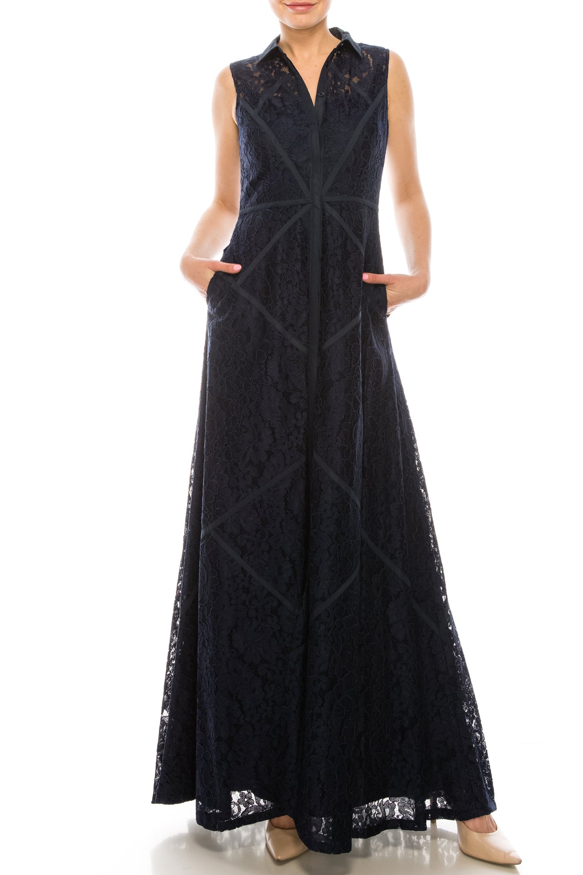 Aidan Mattox 054473060 Sleeveless Piping Detail A-Line Dress with Lace Detail