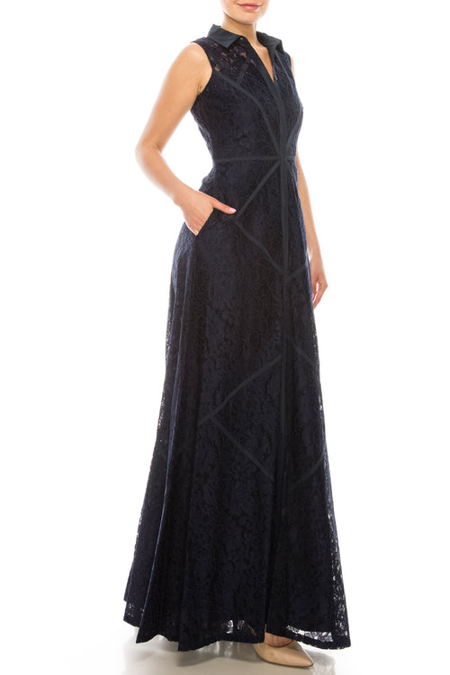 Aidan Mattox 054473060 Sleeveless Piping Detail A-Line Dress with Lace Detail
