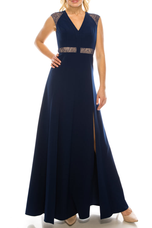 Aidan Mattox MN1E201092 Sleeveless Lace-Detail Evening A-Line Dress with Cap Sleeves and V-Neckline