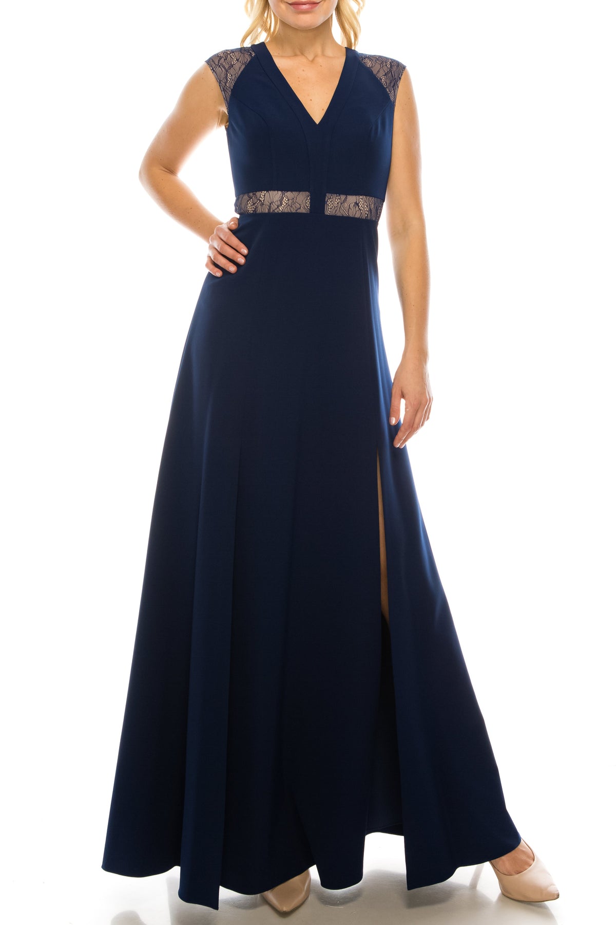 Aidan Mattox MN1E201092 Sleeveless Lace-Detail Evening A-Line Dress with Cap Sleeves and V-Neckline