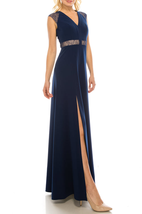 Aidan Mattox MN1E201092 Sleeveless Lace-Detail Evening A-Line Dress with Cap Sleeves and V-Neckline