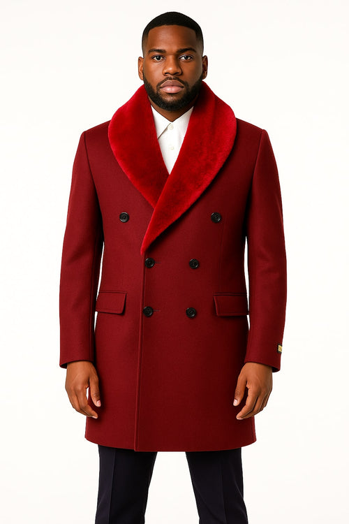 Mens Double-Breasted Burgundy Overcoat with Red Faux Fur Shawl Collar - Alberto Nardoni Winter Coat USA Men's Outlet