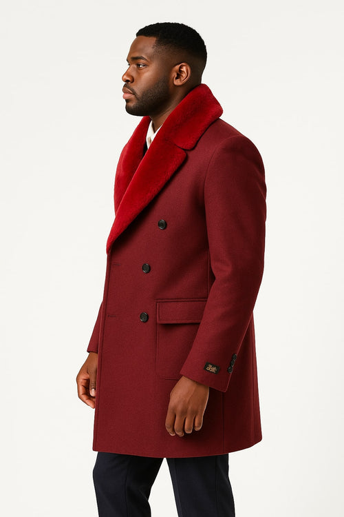 Mens Double-Breasted Burgundy Overcoat with Red Faux Fur Shawl Collar - Alberto Nardoni Winter Coat USA Men's Outlet