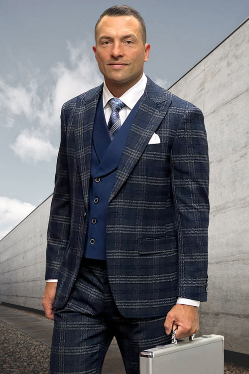 Men's Indigo Blue Windowpane Plaid Double-Breasted Vest Suit