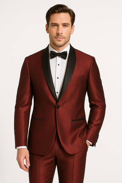 Men's Burgundy Shiny Tuxedo with Black Satin Shawl Lapel – Ultra Slim Fit Party & Prom Suit