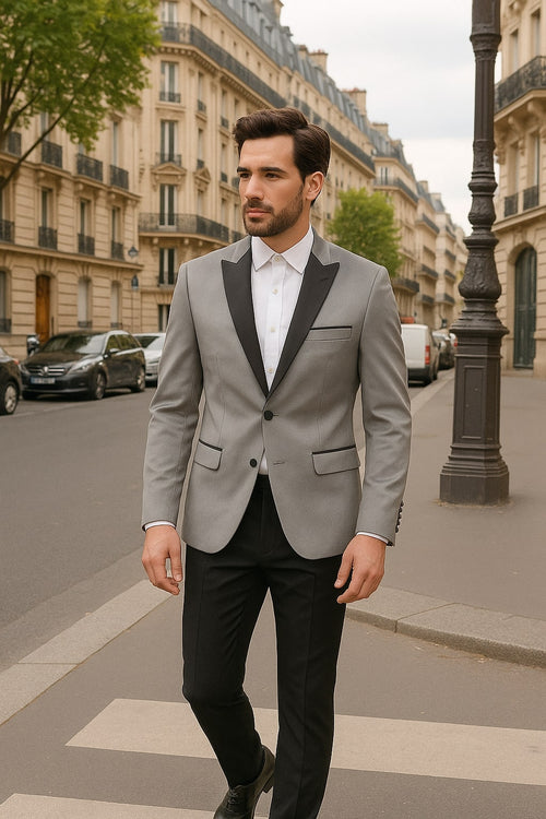 Men's Grey Velvet Tuxedo Jacket with Black Satin Lapel Suit - Mens Blazer + Black Pants by USA Men's Outlet