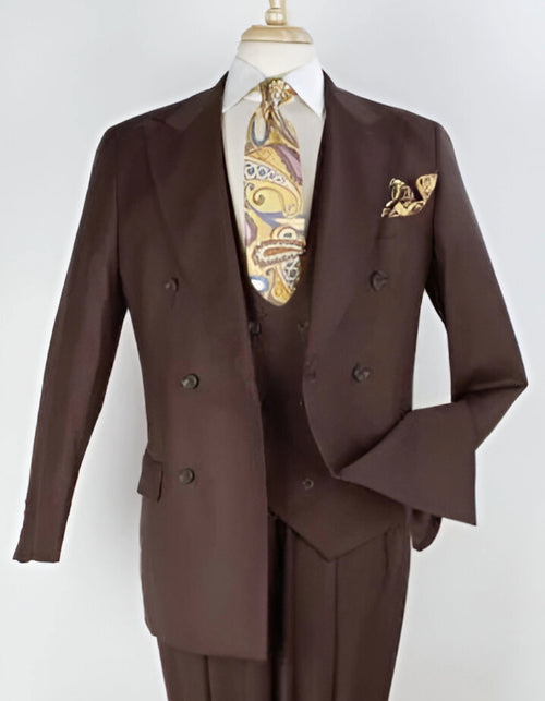 Double Breasted Suits - Vested Suits Wool Fabric - Apolo King Brand - Brown groomsmen suits