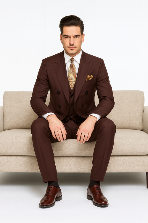 Double Breasted Suits - Vested Suits - Solid Brown Suit - Vested 3 Piece Modern Fit Suit