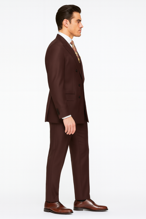 Double Breasted Suits - Vested Suits - Solid Brown Suit - Vested 3 Piece Modern Fit Suit