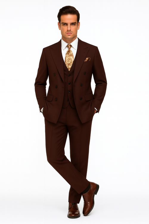 Double Breasted Suits - Vested Suits - Solid Brown Suit - Vested 3 Piece Modern Fit Suit