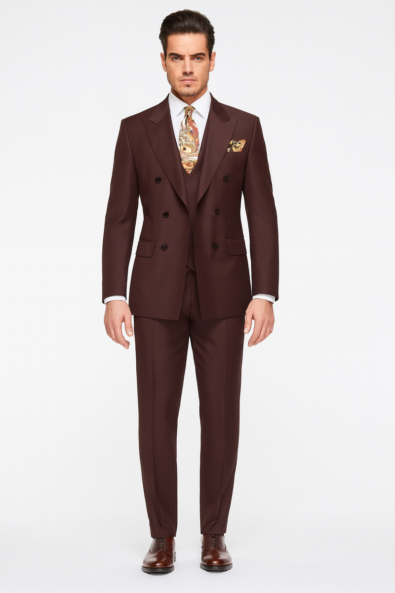 Double Breasted Suits - Vested Suits - Solid Brown Suit - Vested 3 Piece Modern Fit Suit