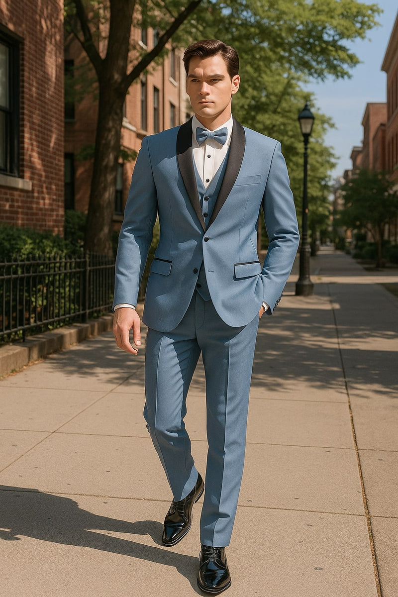 Sky Blue Tuxedo with Black Shawl Lapel Slim Fit Prom and Wedding Suit in Baby Blue Color - Light Blue