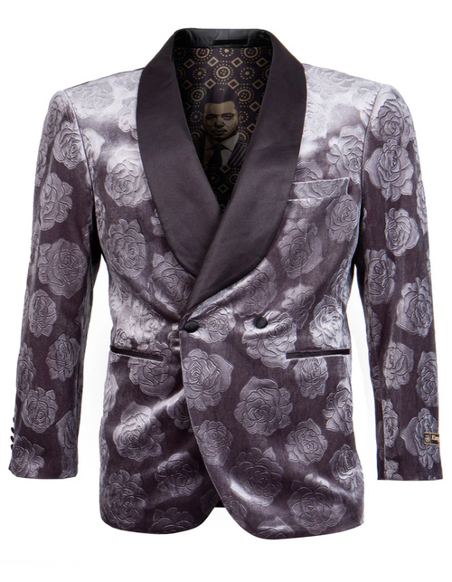 Mens Gray Tuxedo - Grey Wedding Suit-Mens Double Brested Floral Rose Print Velvet Smokin Jacket In Grey - Men's Tuxedo USA