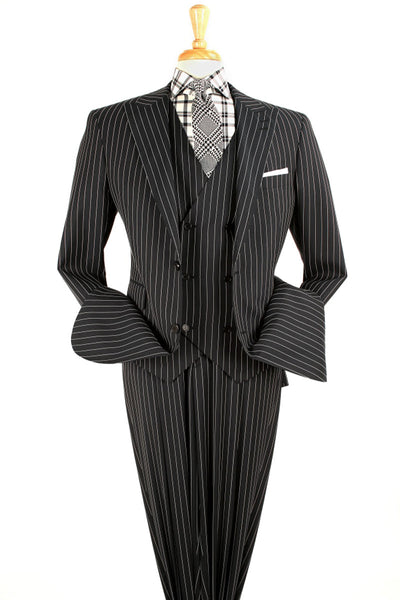 Mens Vested 1920's Wide Bold Gangster Pinstripe Suit in Black