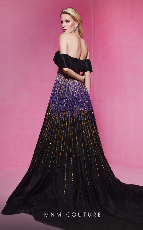 MNM Couture B1009 Sequin Off-Shoulder Evening Gown in Purple