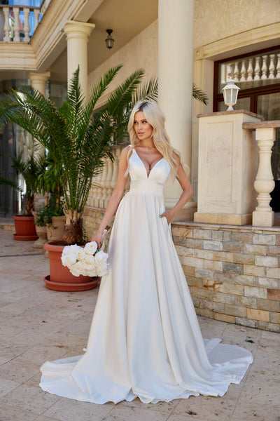 Tina Holly BA269W Wedding A-Line Flowy Minimal Evening Satin Dress