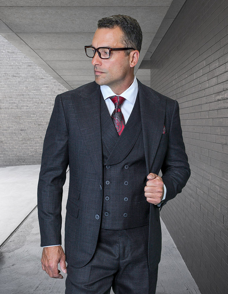 Mens Ticket Pocket Peak Lapel Double breasted Vest 100% Wool Tom Ford Style Modern Fit in Color "Black" By Statement