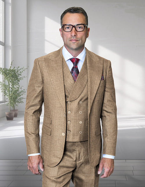 Mens Ticket Pocket Peak Lapel Double breasted Vest 100% Wool Tom Ford Style Modern Fit in Color "Bronze" By Statement