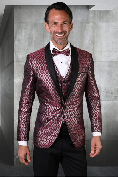 Men's Burgundy Diamond Print Vested Tuxedo for Prom & Weddings