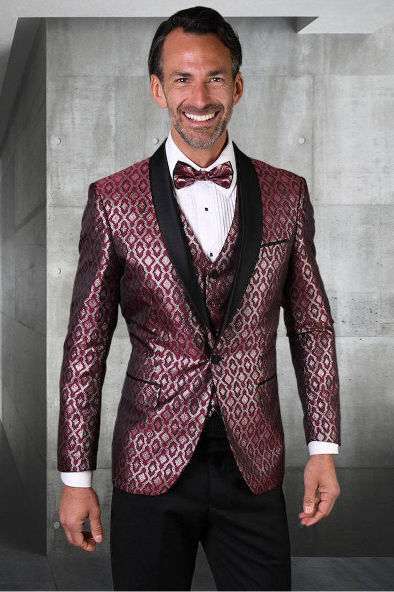 Men's Burgundy Diamond Print Vested Tuxedo for Prom & Weddings
