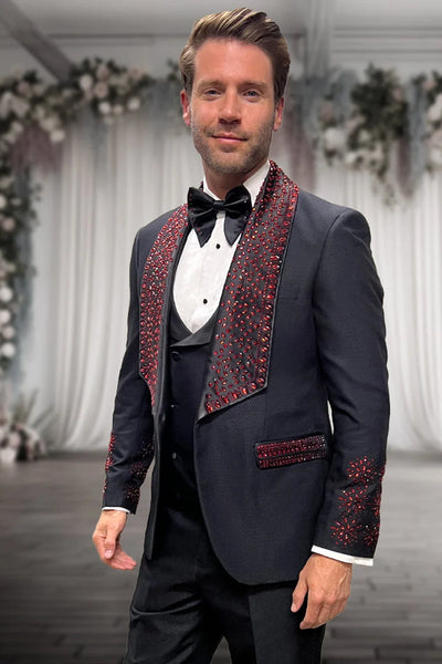 Men's Designer Vested Wool Studded Shawl Lapel Prom & Wedding Tuxedo in Black