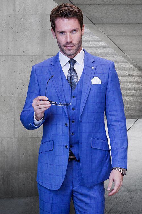 Men's Modern Fit Wool Vested Suit in Sapphire Blue