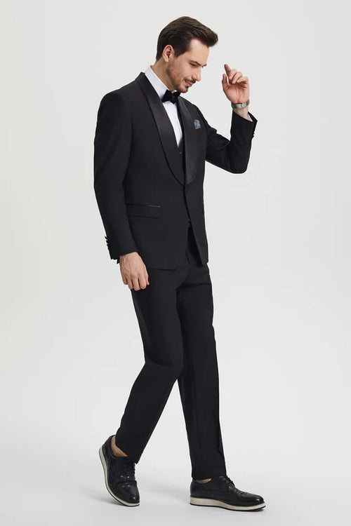 Black Prom Tuxedo Suit - Black Wedding Suit - Men's Stacy Adams Vested One Button Shawl Lapel Designer Tuxedo PROMTUXEDO