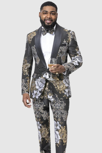 Black / Gold Prom Tuxedo Suit - Black / Gold Wedding Suit - Mens Slim Fit Two Piece Black & Gold Paisley Prom Smoking Jacket Tuxedo With Black Trim