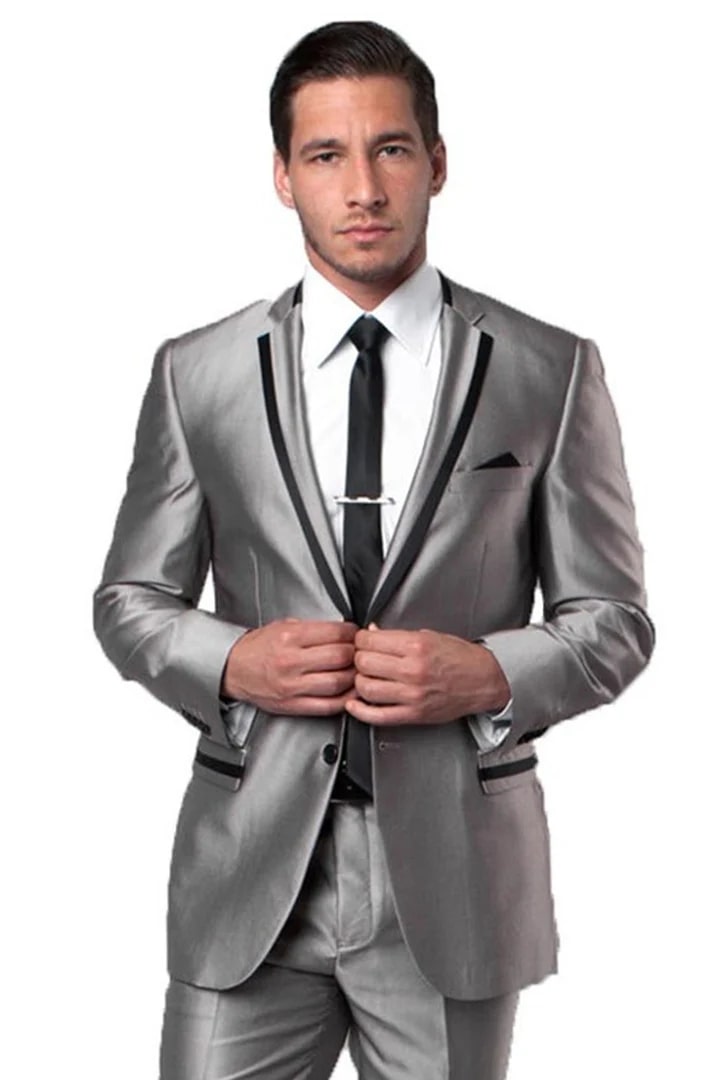 Grey/Black Prom Tuxedo Suit - Grey/Black Wedding Suit - Men's Two Button Slim Fit Wedding & Prom Tuxedo Suit In Shiny Silver Sharkskin With Black Piping by PROMTUXEDO