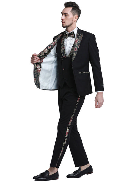 Black Men's Wedding Tuxedo with Floral Peak Lapel - One Button Vested Prom Suit by Tazzio