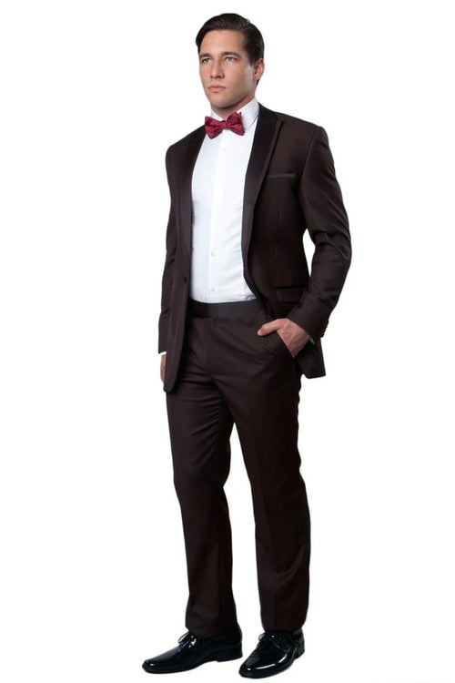 Brown Prom Tuxedo Suit - Brown Wedding Suit - Men's Slim Fit One Button Satin Trim Peak Lapel Prom & Wedding Tuxedo